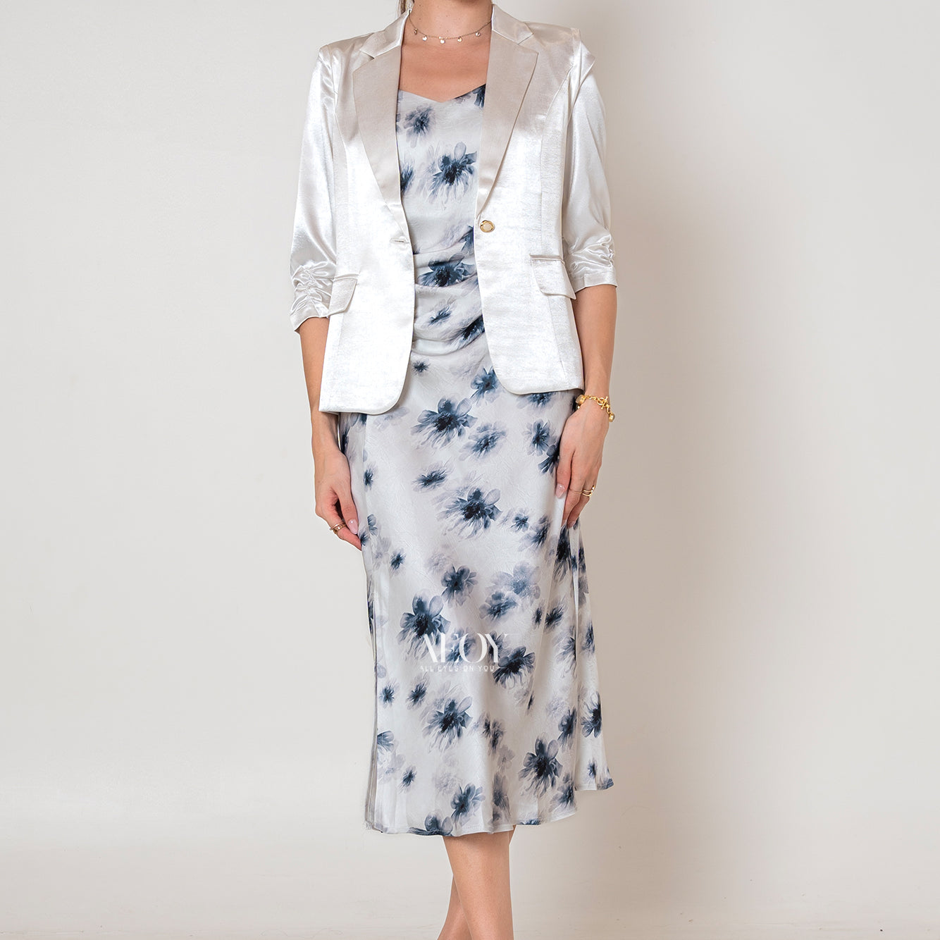 Blue Bloom Satin Dress with blazer