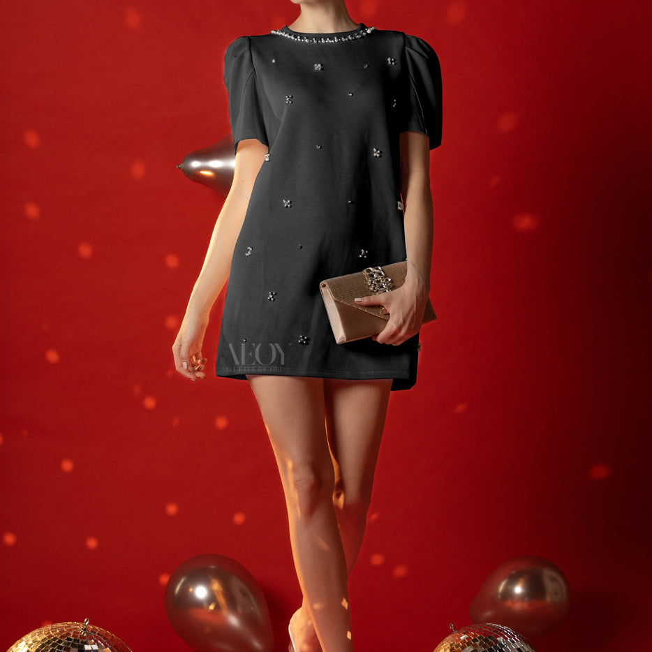 Diamond Studded Black-Party Dress