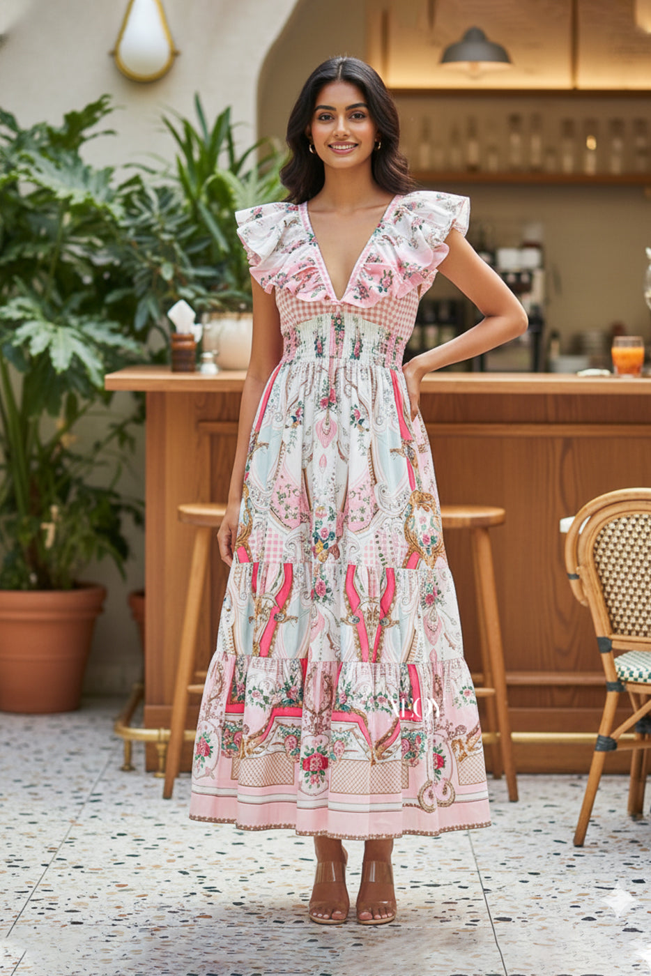 chinese dress ladies Inara Light Pink Floral Print Ruffle Maxi Dress - 18