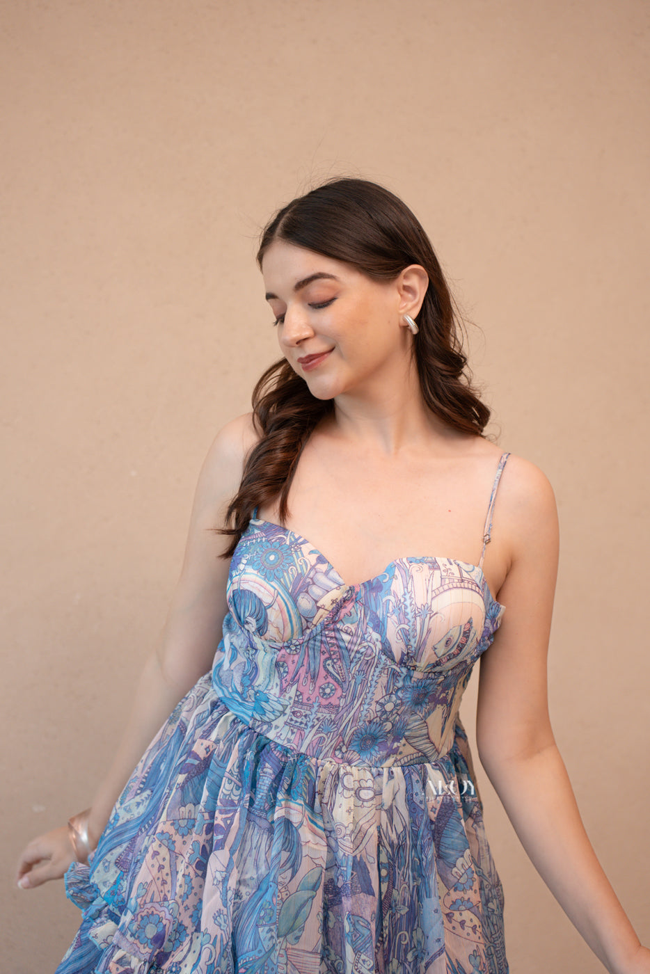 Blue Printed Tiered Mini Dress