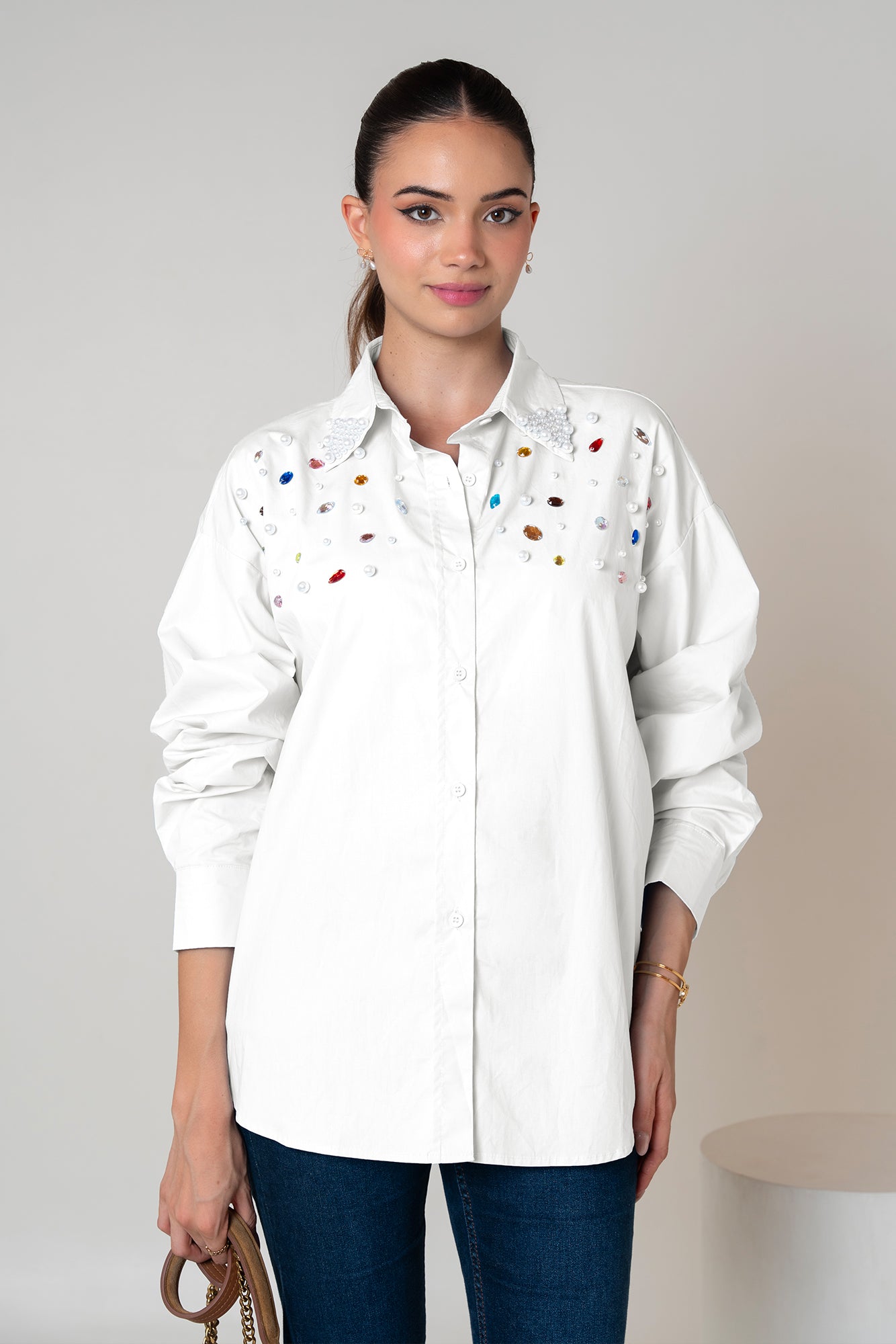 Pearl Embellished White -Shirt
