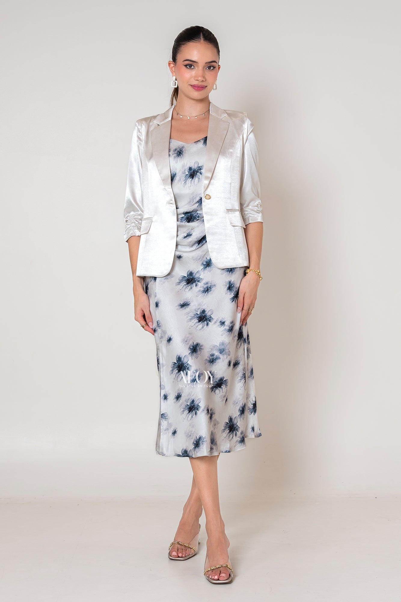 Blue Bloom Satin Dress with blazer
