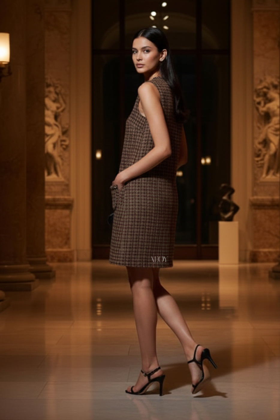 Brown Tweed Shift-Mini Dress