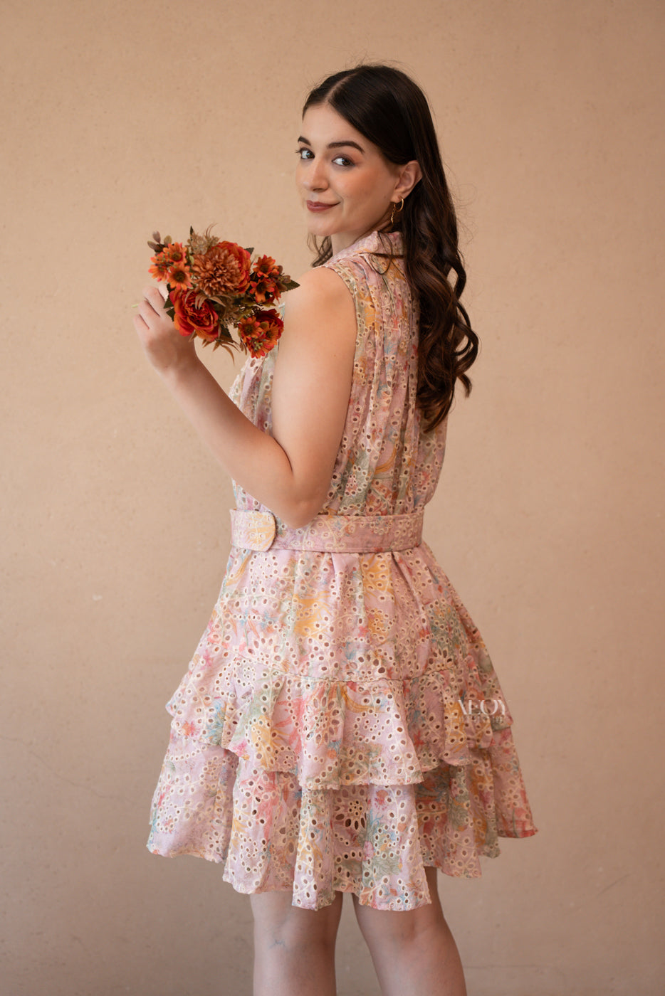 Pink Schiffli Tiered Mini Dress