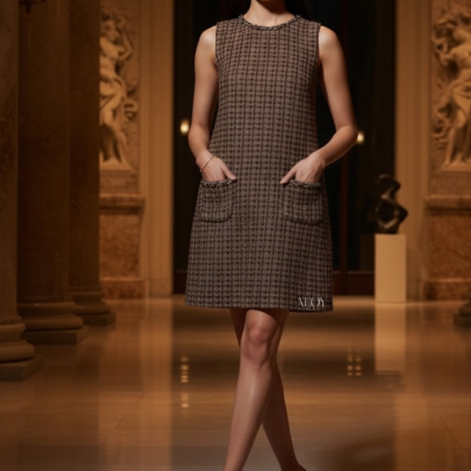 Brown Tweed Shift Mini Dress for Women