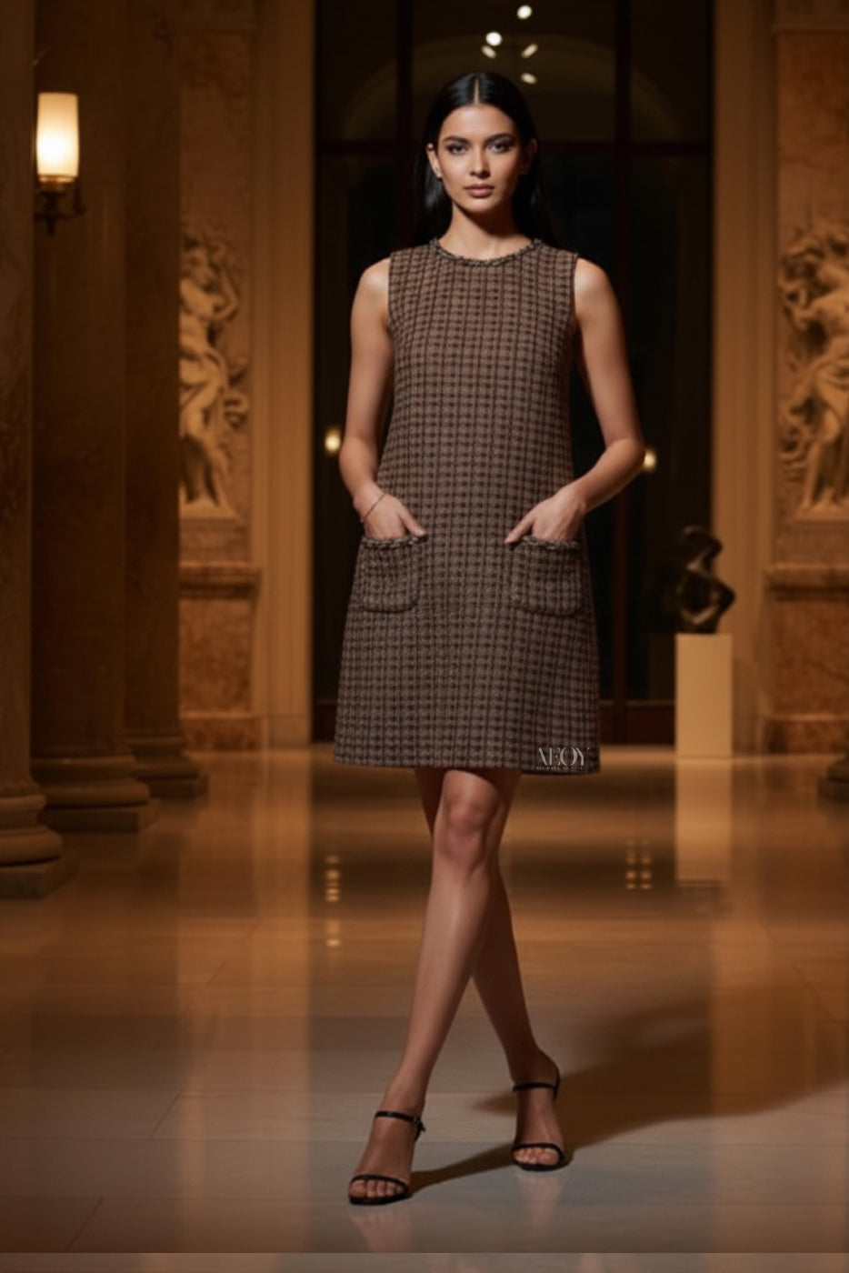 Brown Tweed Shift-Mini Dress