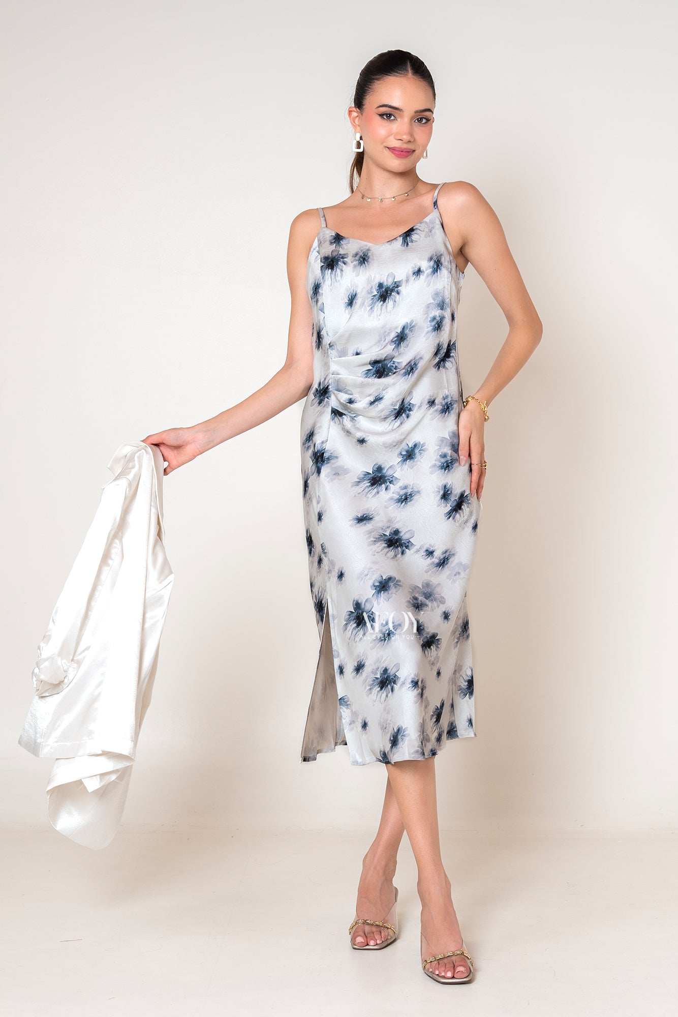 Blue Bloom Satin Dress with blazer