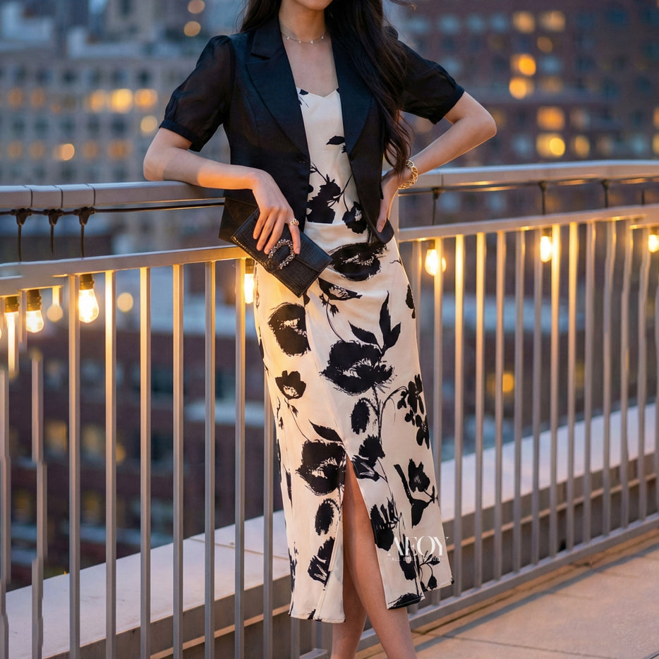 White Satin Slit Dress With Blazer
