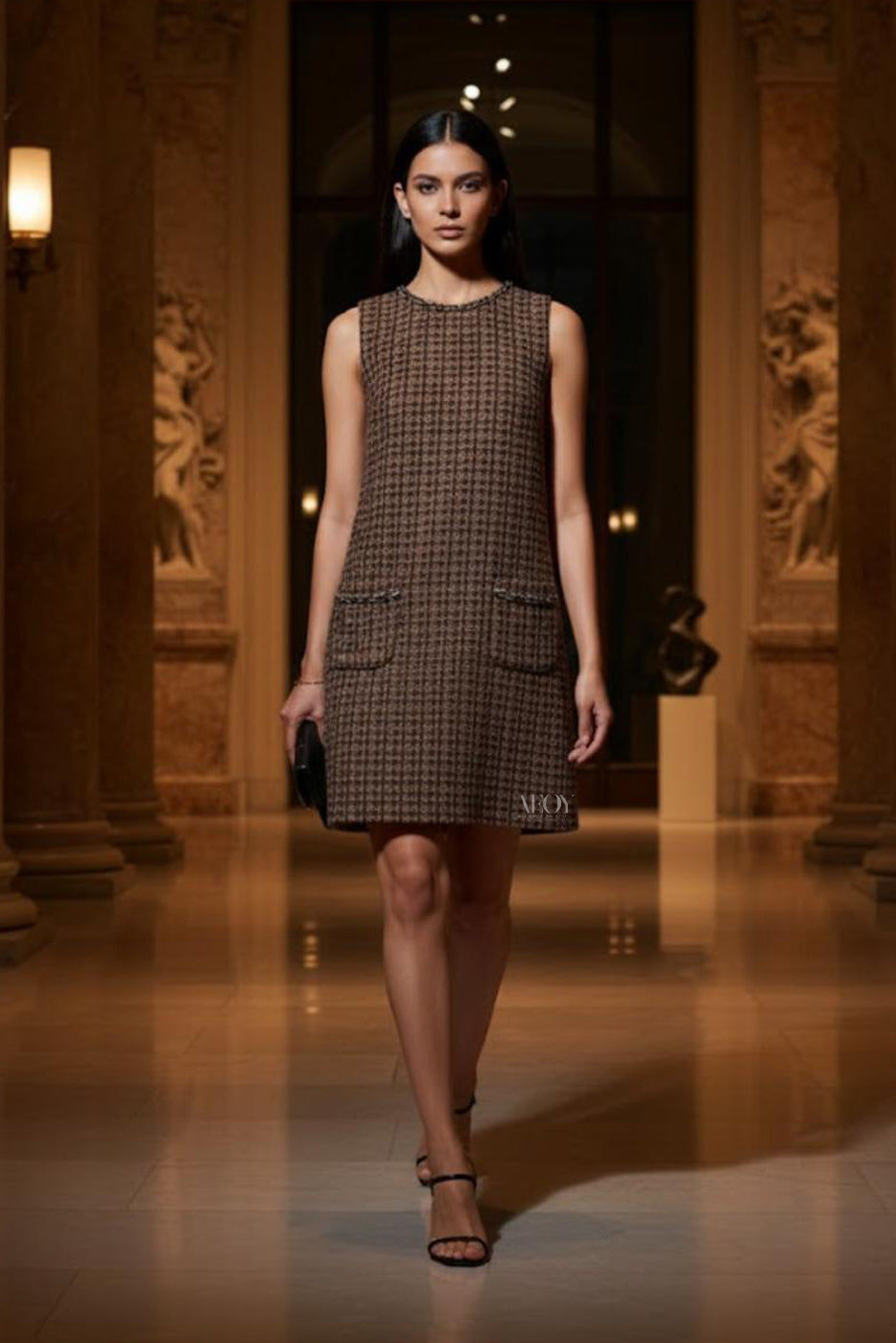 Brown Tweed Shift-Mini Dress