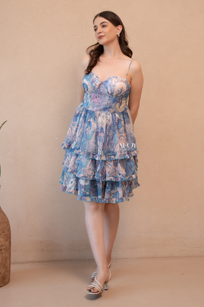 Blue Printed Tiered Mini Dress