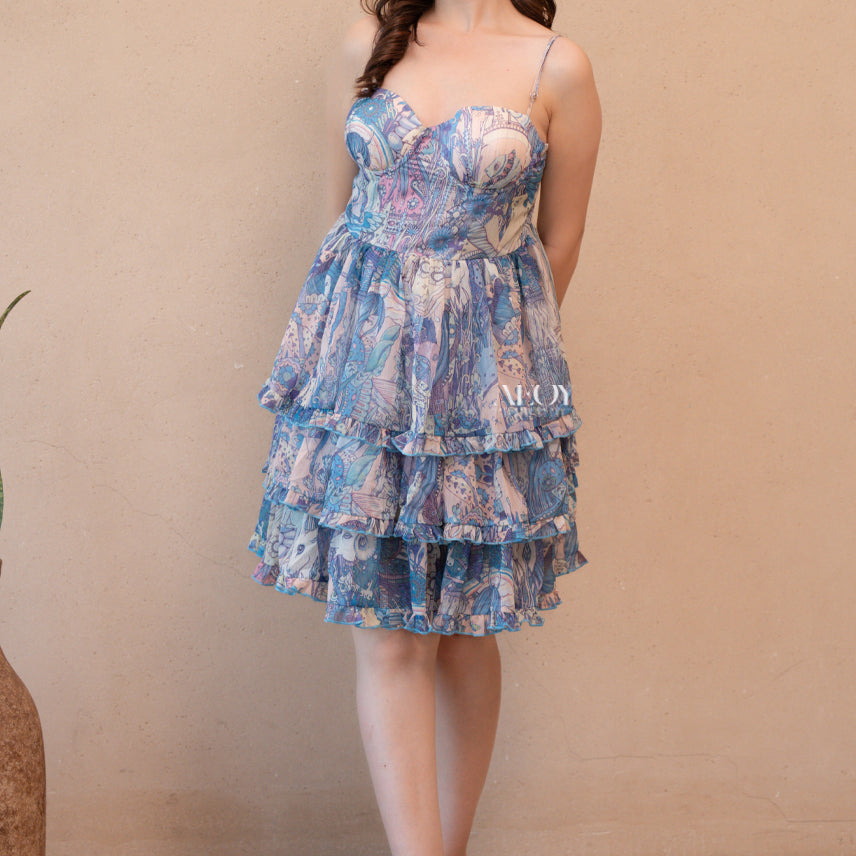 Blue Printed Tiered Mini Dress
