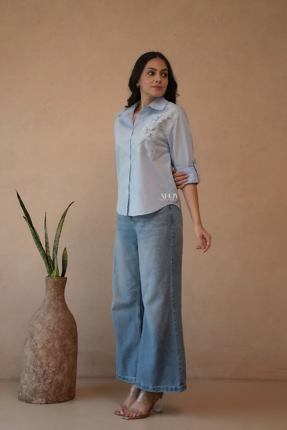 Blue Cotton Applique Shirt