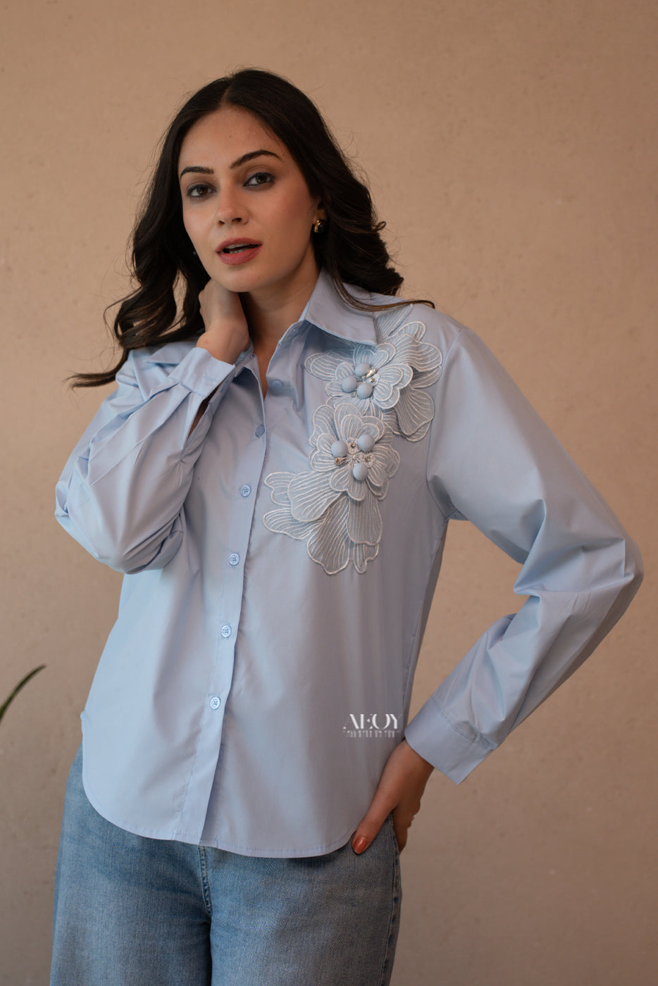 Blue Cotton Applique Shirt