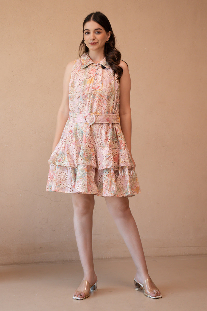 Pink Schiffli Tiered Mini Dress