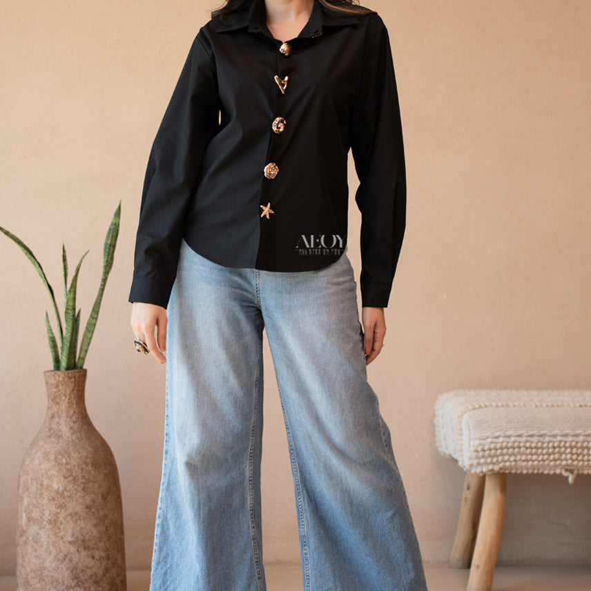 Black detailed cotton shirt women