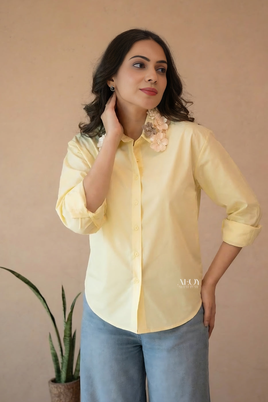 Yellow Floral Embellished Cotton Shirt