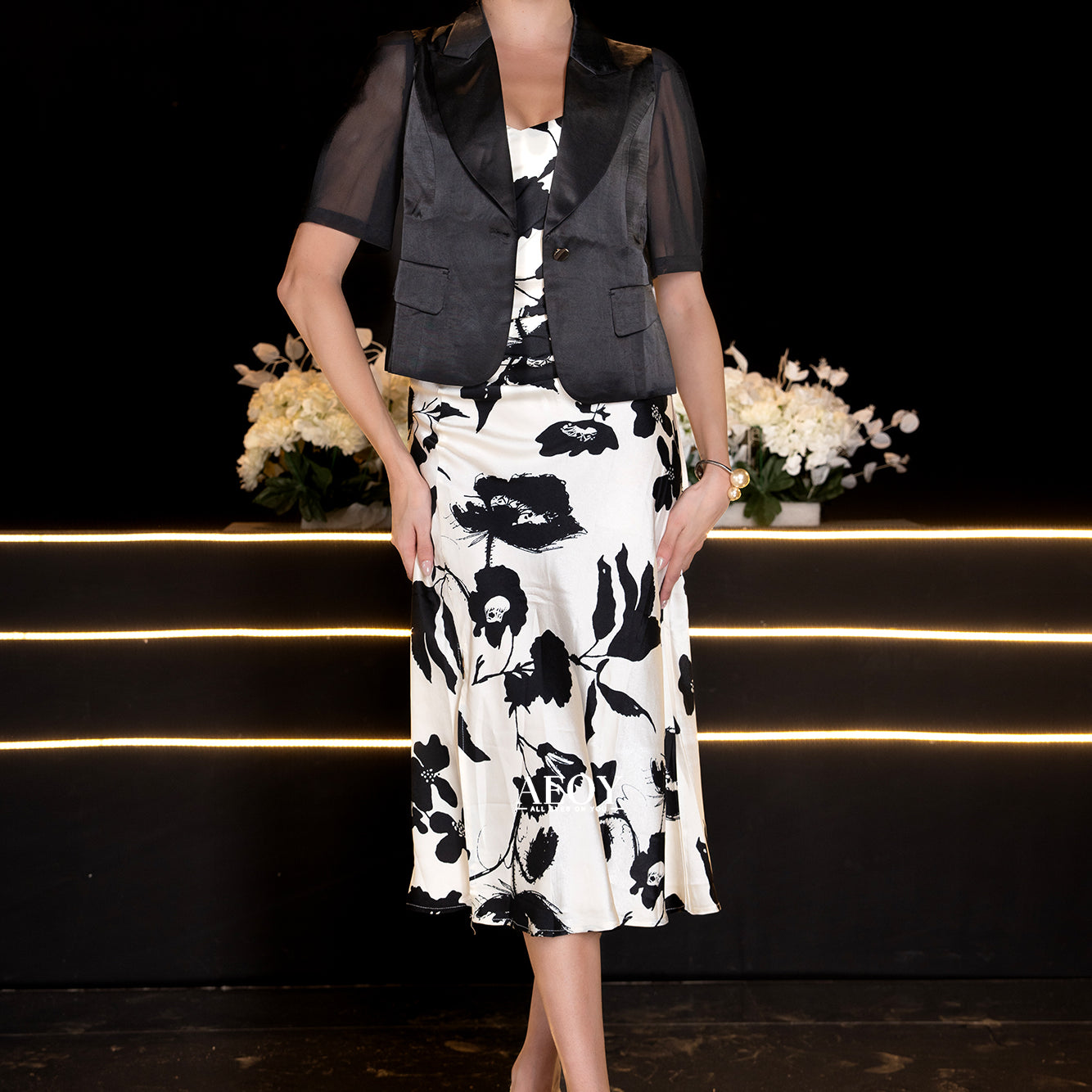 White Satin Slit Dress With Blazer