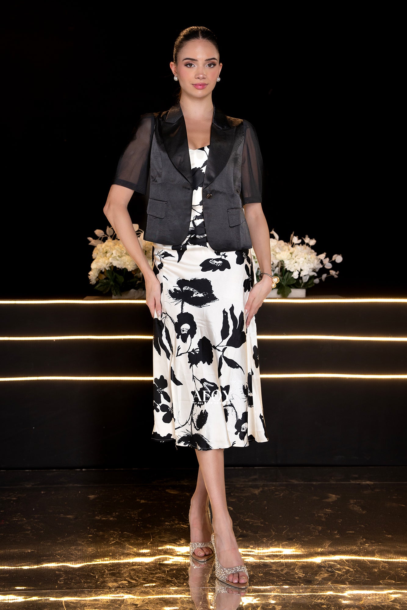 White Satin Slit Dress With Blazer