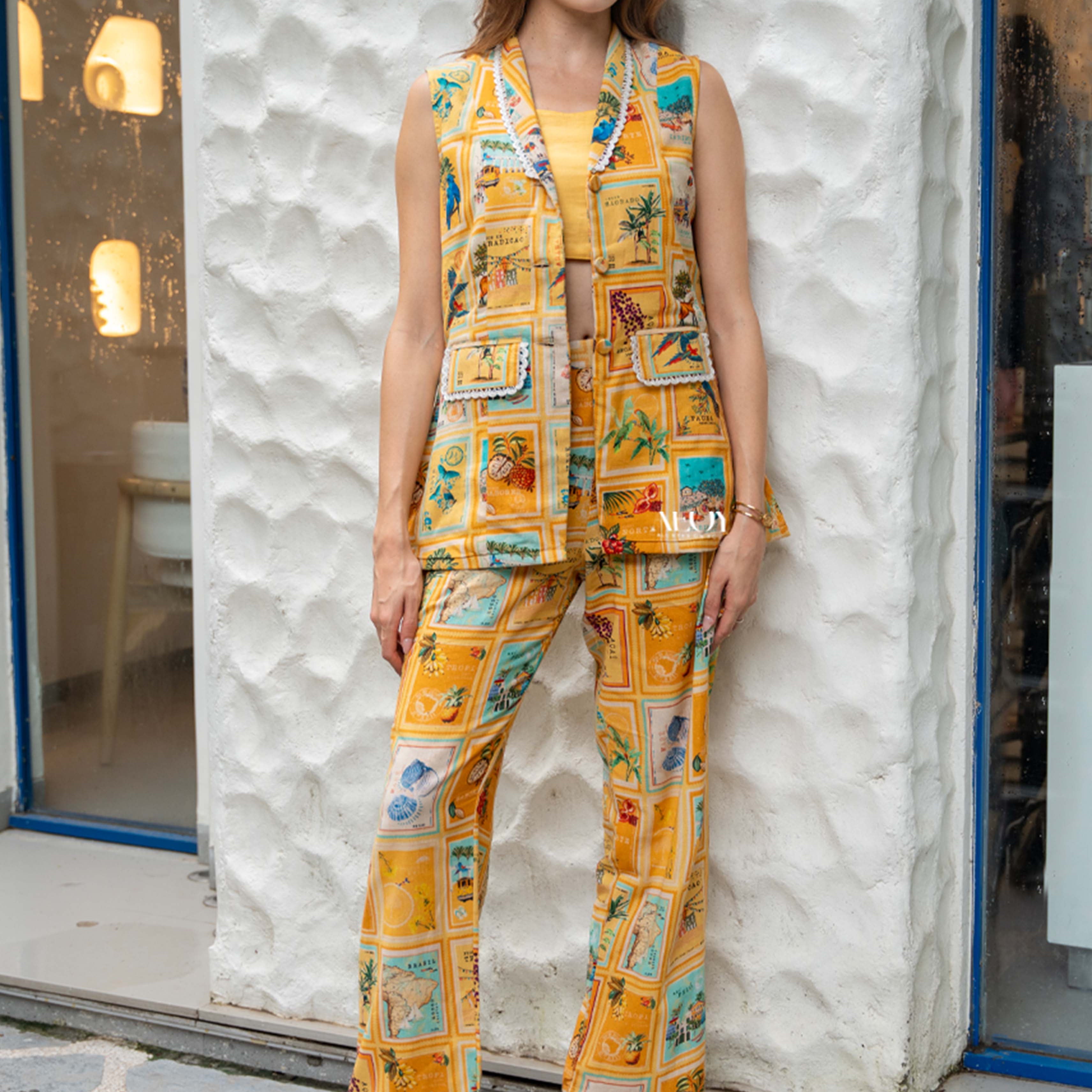 Yellow printed sleeveless co ord set
