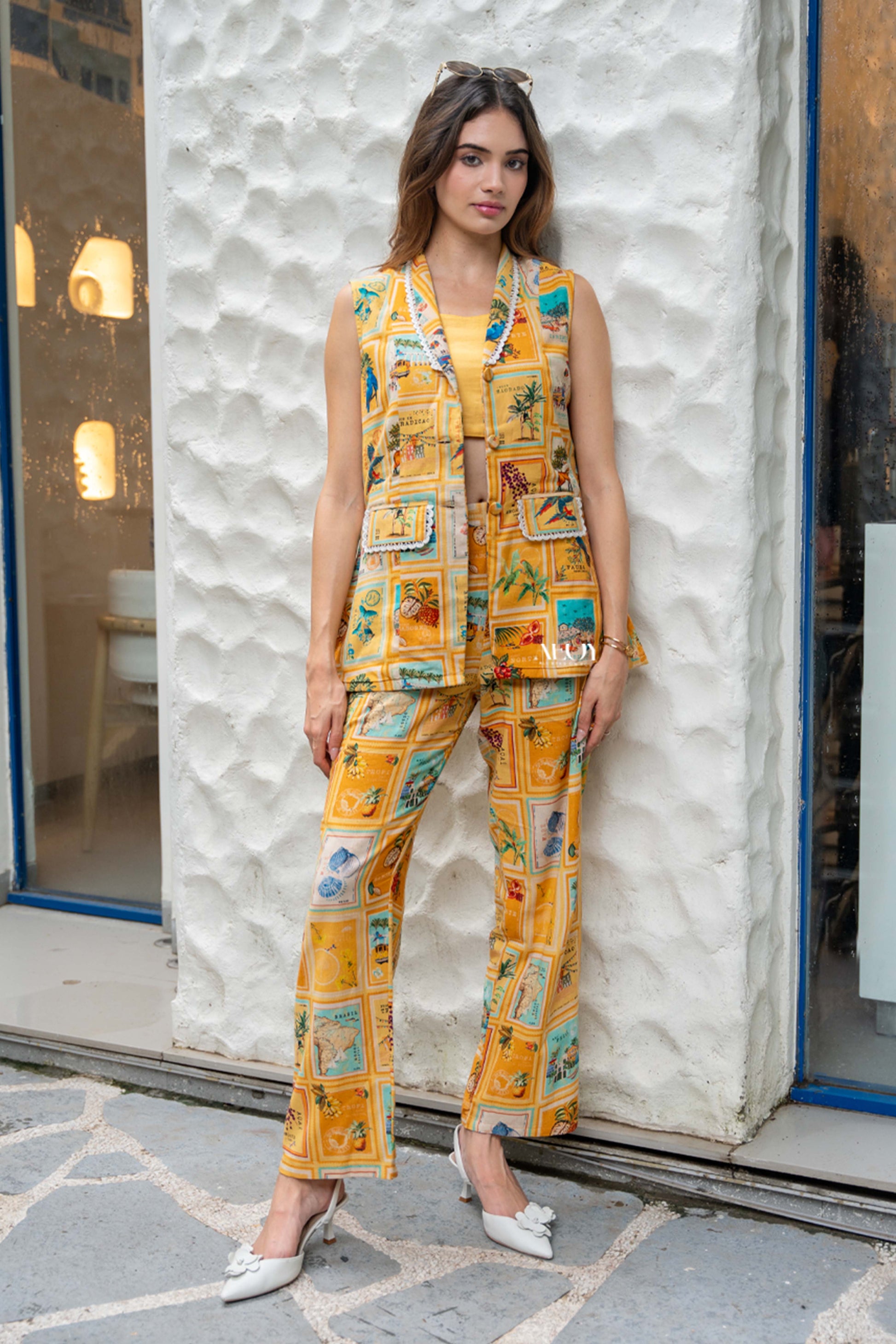 Yellow printed sleeveless co ord set
