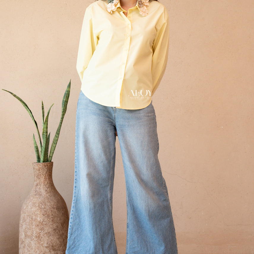 Yellow floral embellished cotton shirt
