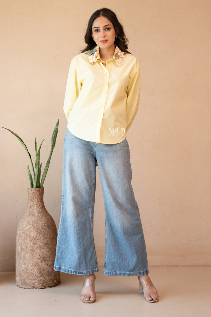 Yellow floral embellished cotton shirt