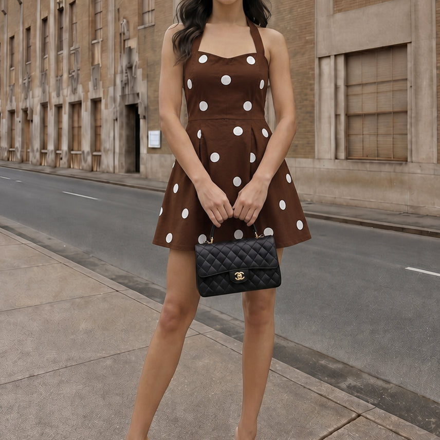 Brown polka dress women