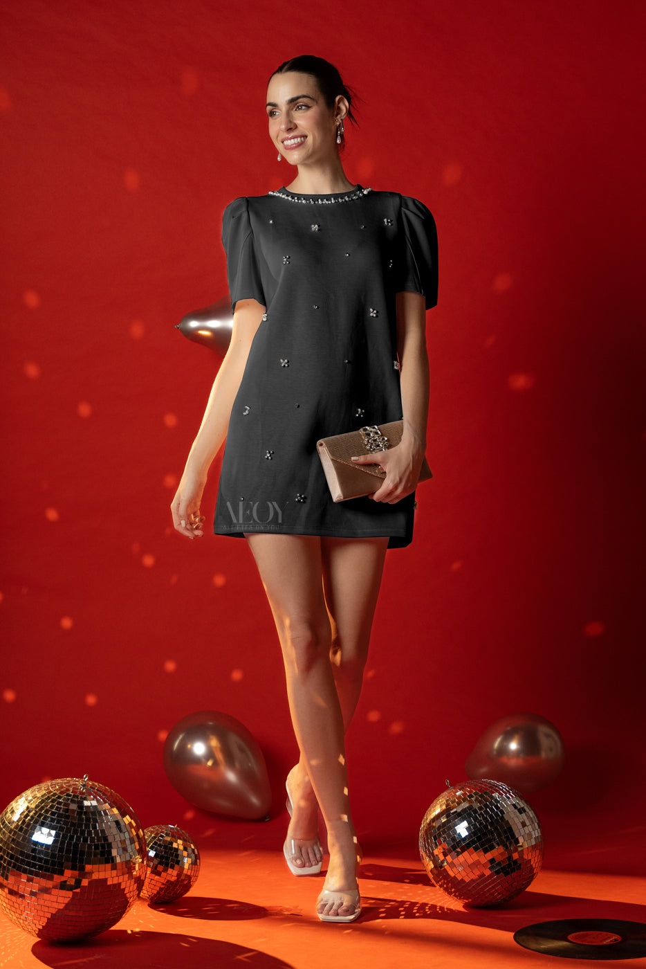 Diamond Studded Black-Party Dress