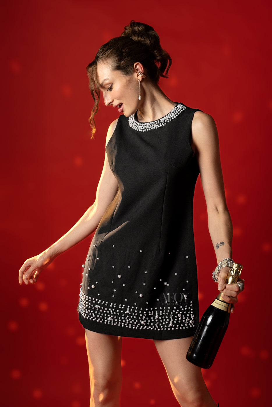 Pearl Beaded Black-Party Dress