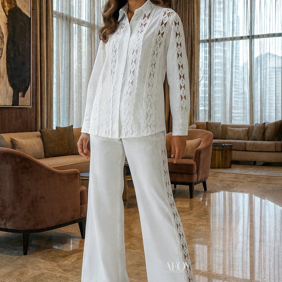 White Lace Shirt & Pants Co-ord Set