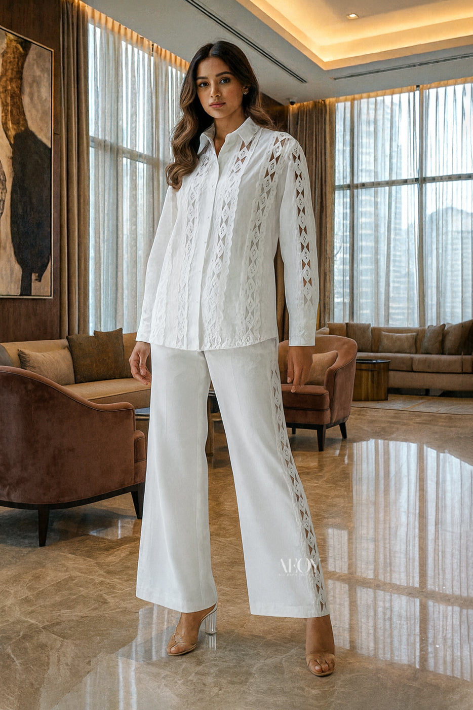 White Lace Shirt & Pants Co-ord Set