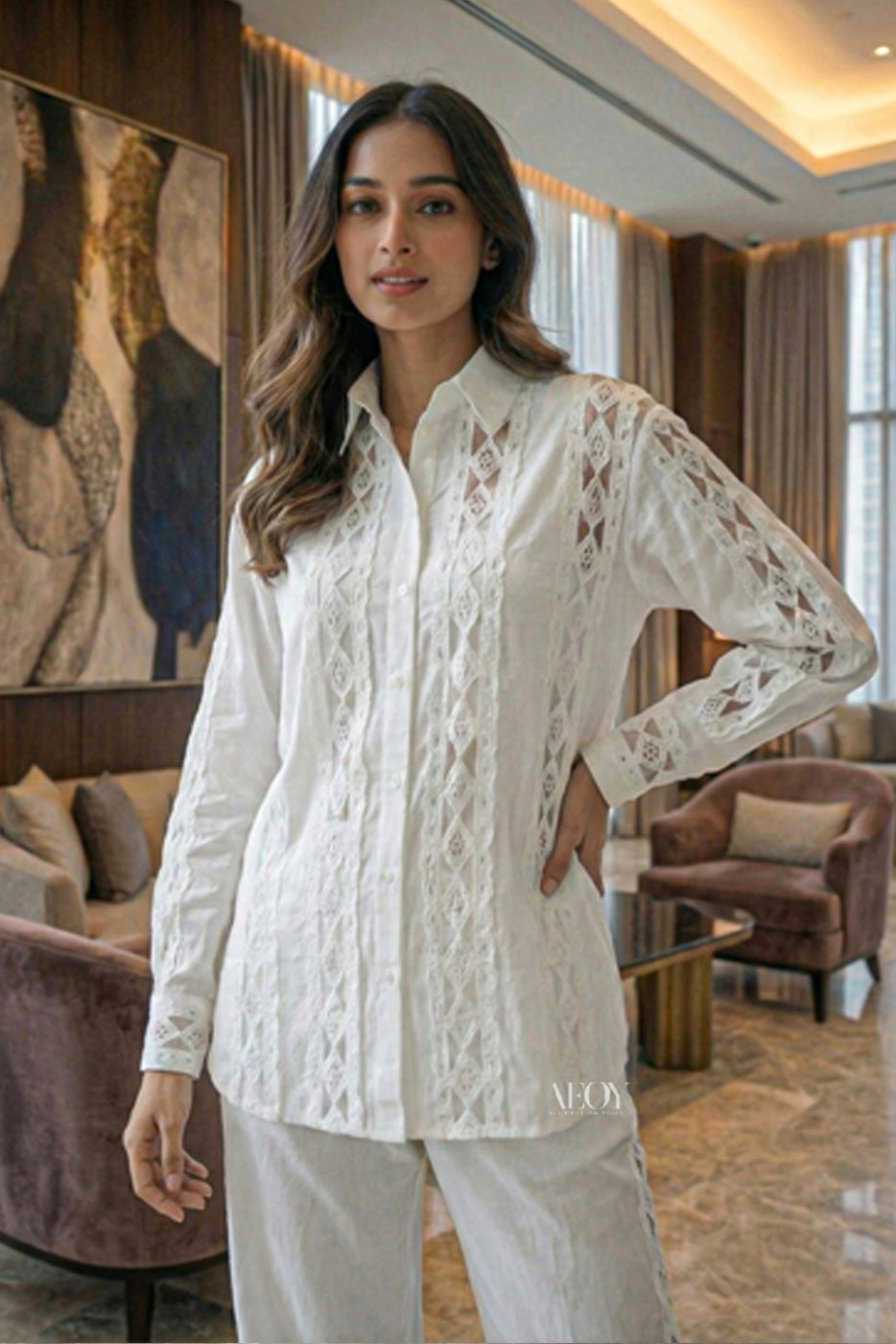 White Lace Shirt & Pants Co-ord Set