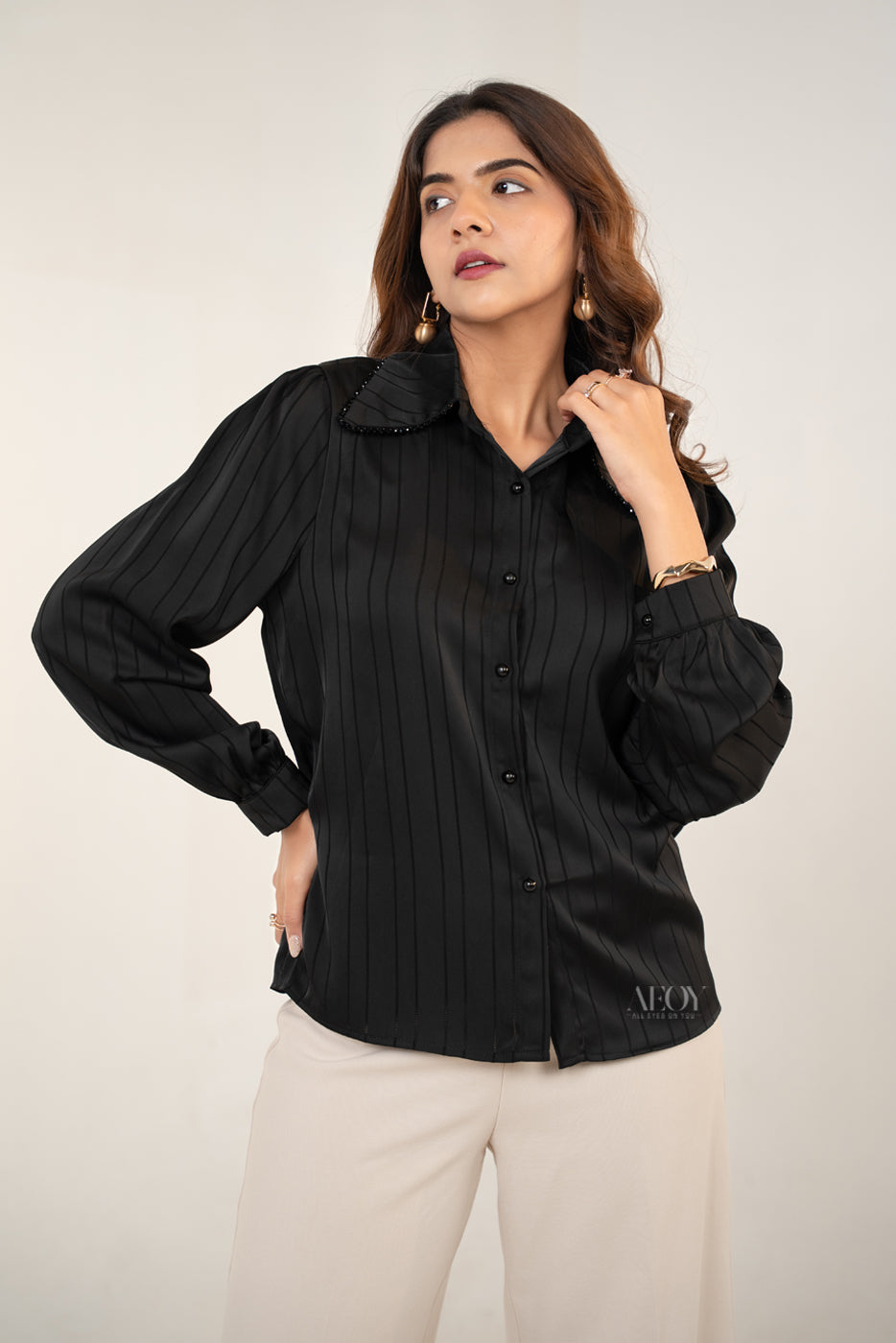 Black Striped Collared -Shirt