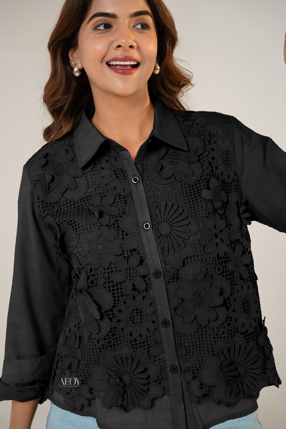 Black Lace Detail Cotton -Shirt