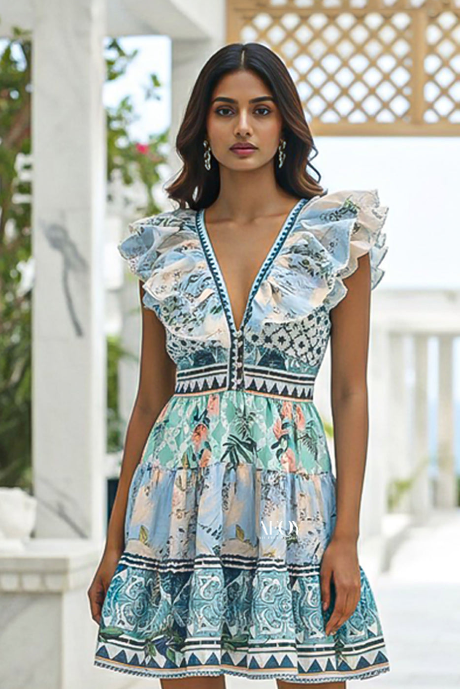 Blue Ruffle Sleeve Printed -Short Dress