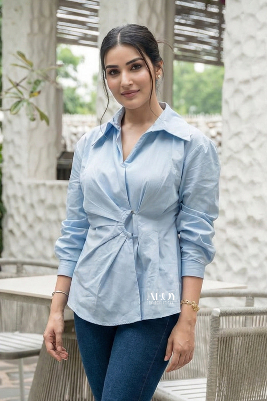 Cinched Waist Blue Cotton Shirt for Women