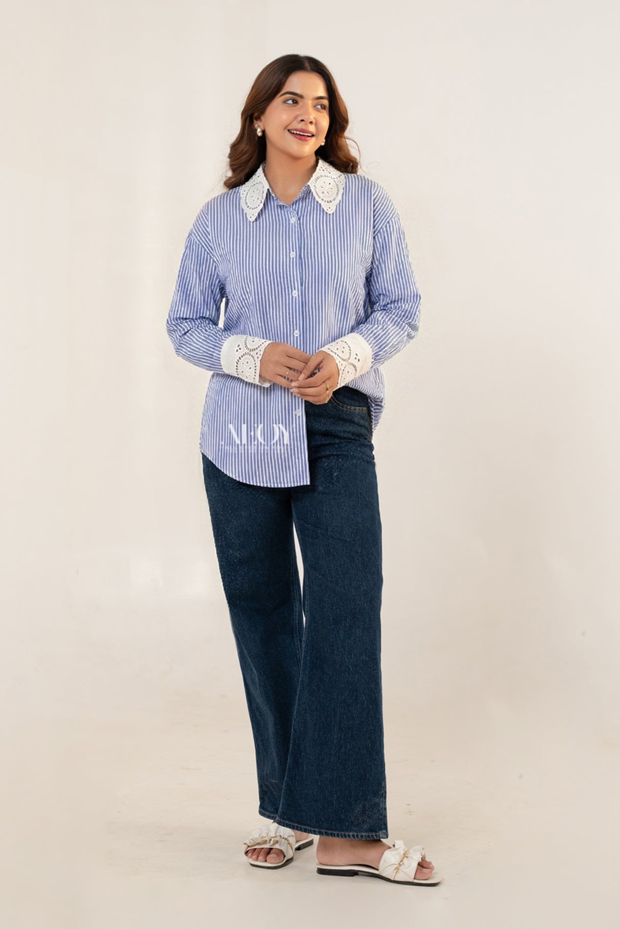 Blue Stripes Lace Collar -Shirt