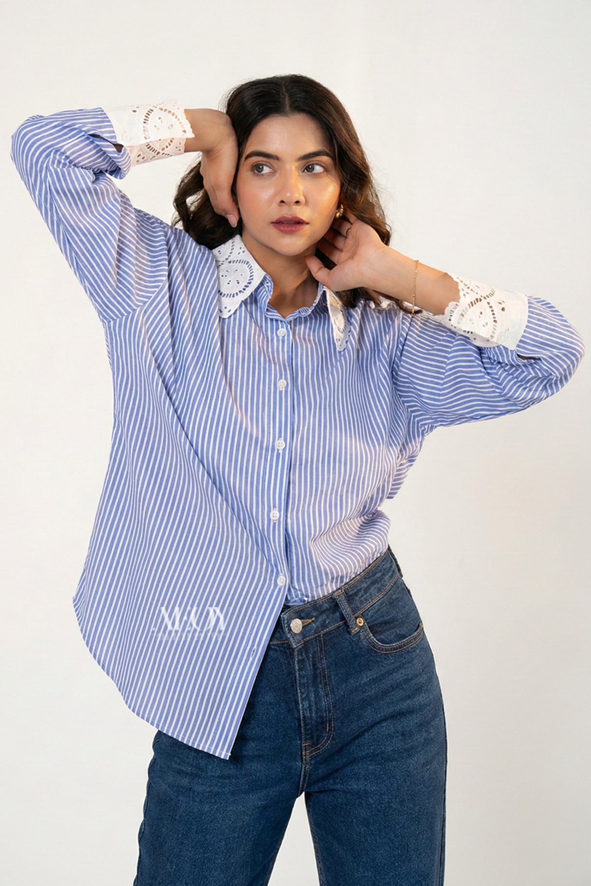 Blue Stripes Lace Collar -Shirt