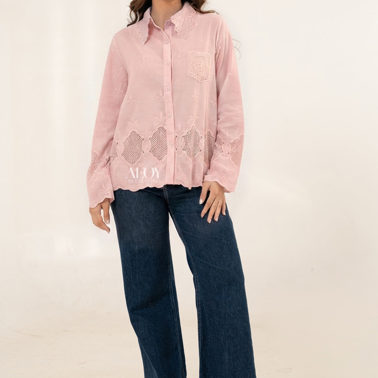 Pink schiffli cotton shirt women