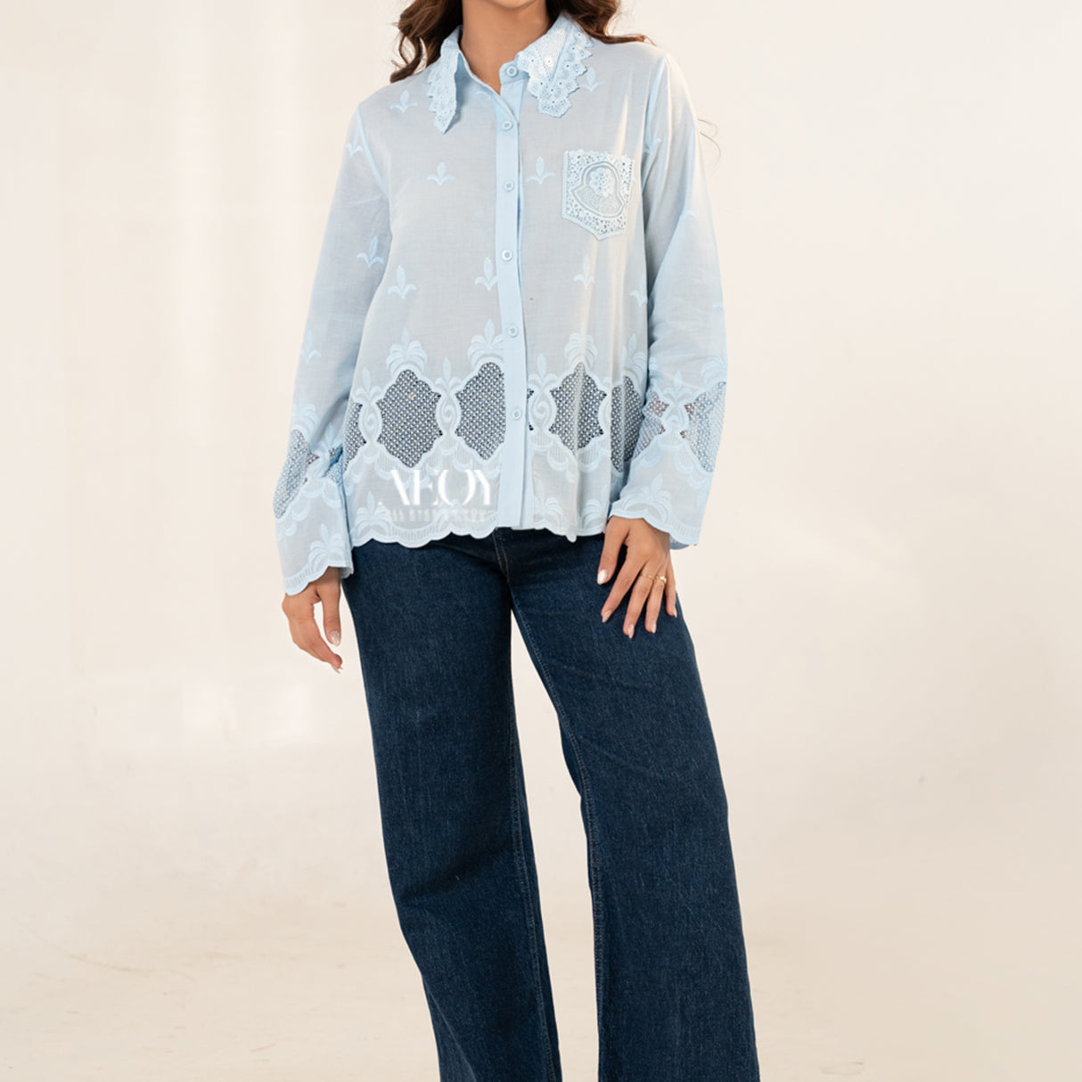 Blue schiffli cotton shirt women