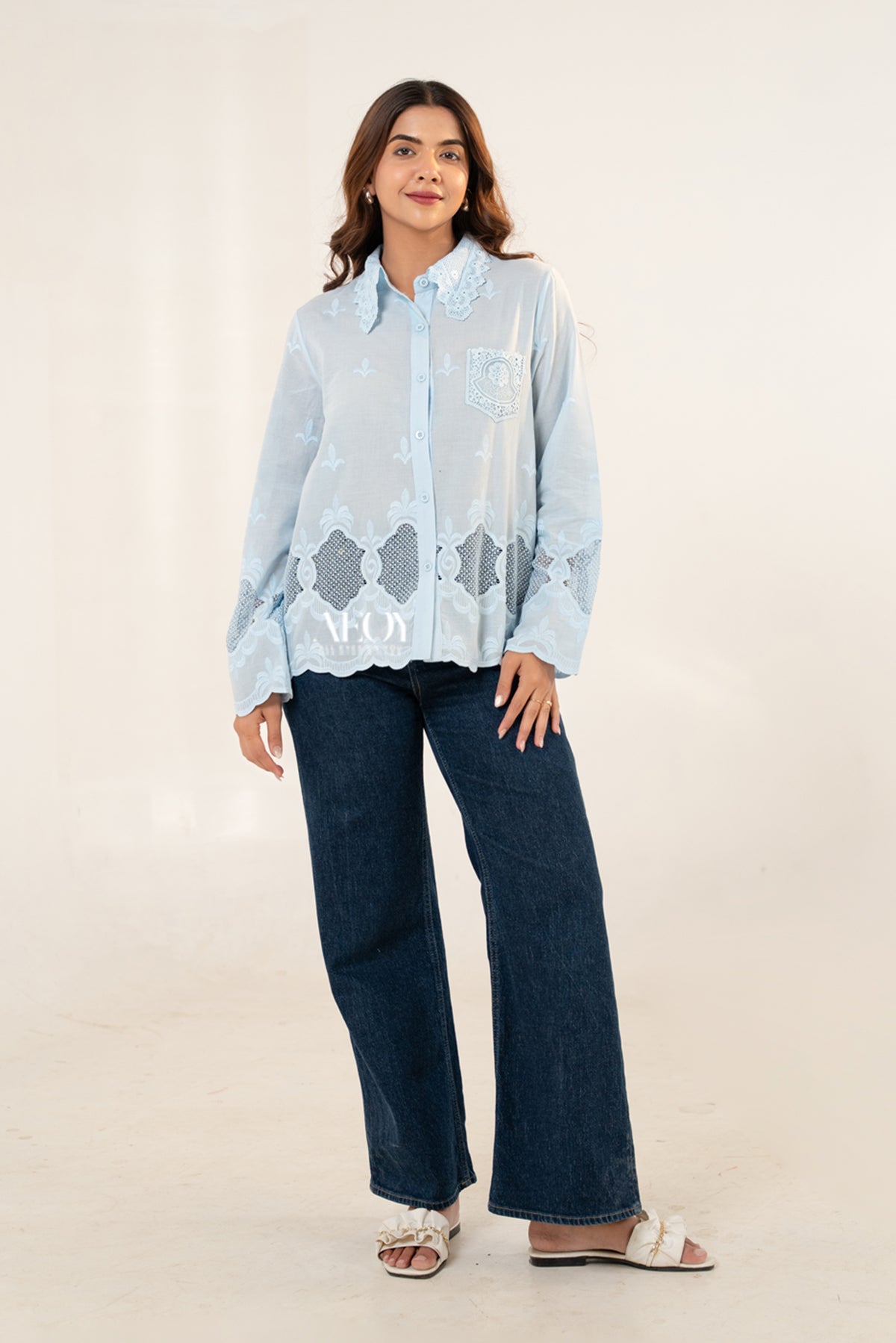 Blue schiffli cotton shirt women