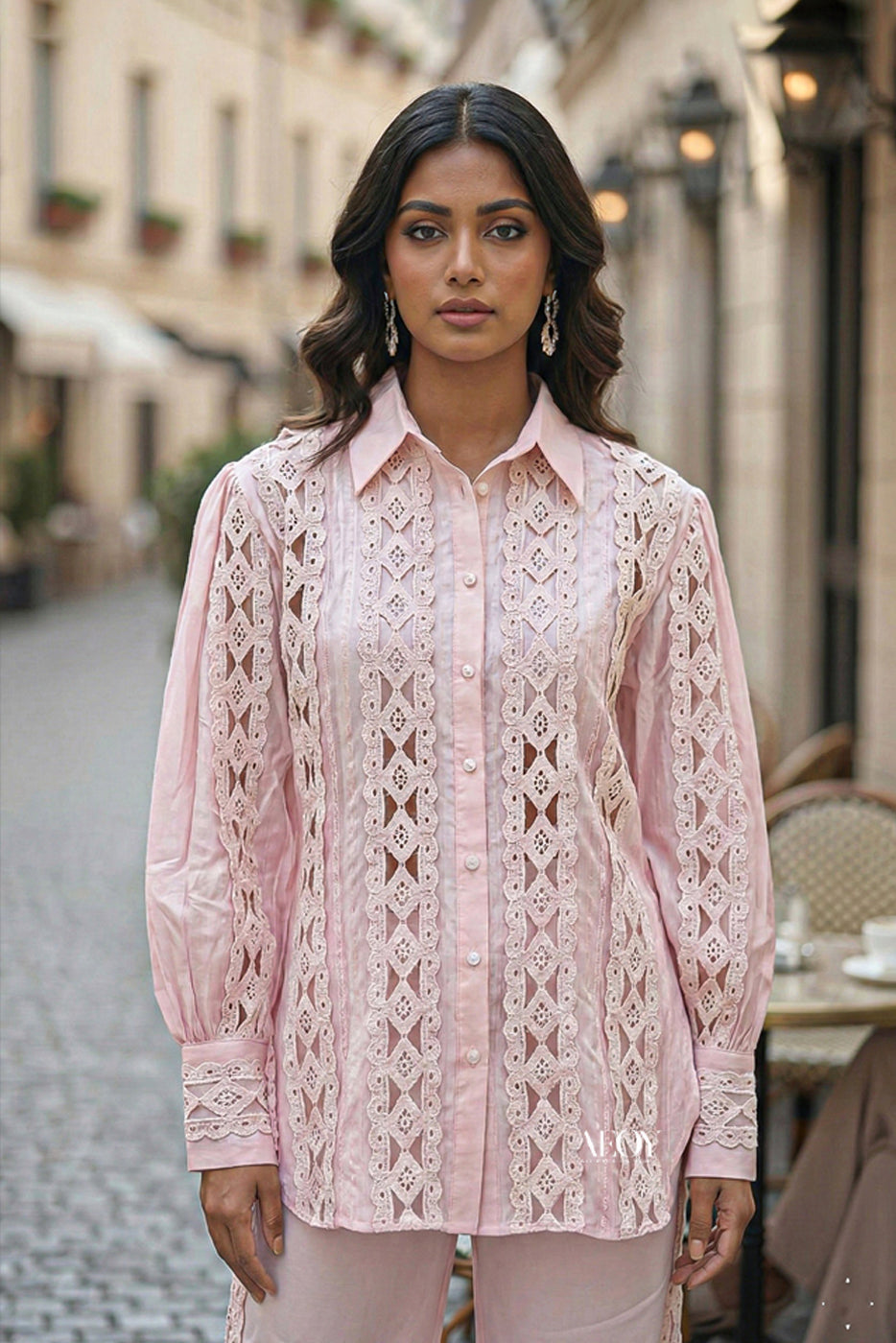 Blush Pink Lace Shirt & Pants Co-ord Set