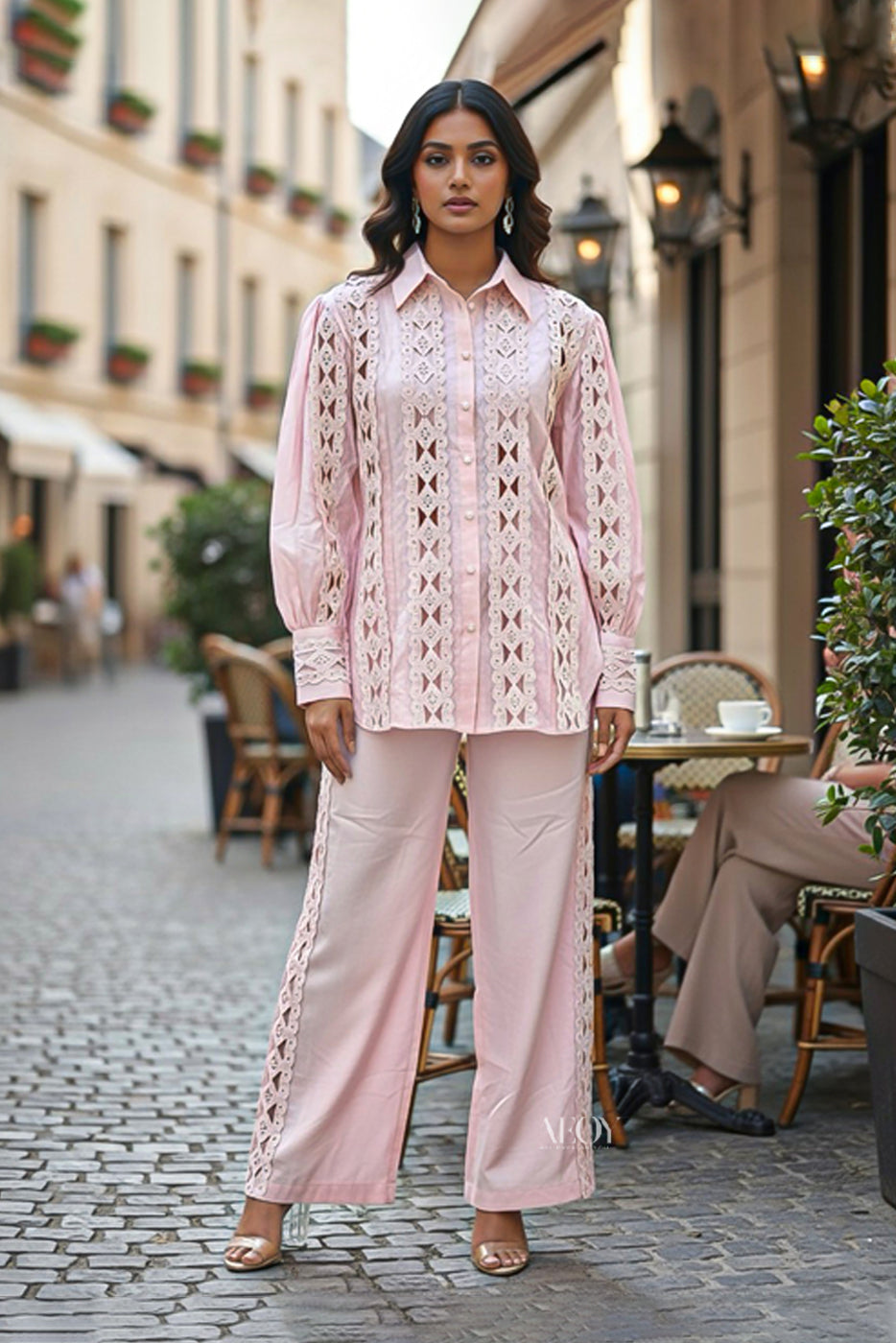 Blush Pink Lace Shirt & Pants Co-ord Set