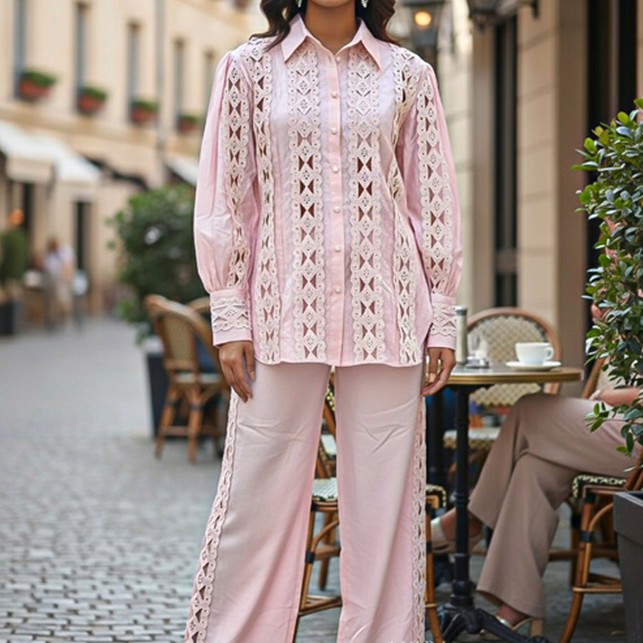 Blush Pink Lace Shirt & Pants Co-ord Set