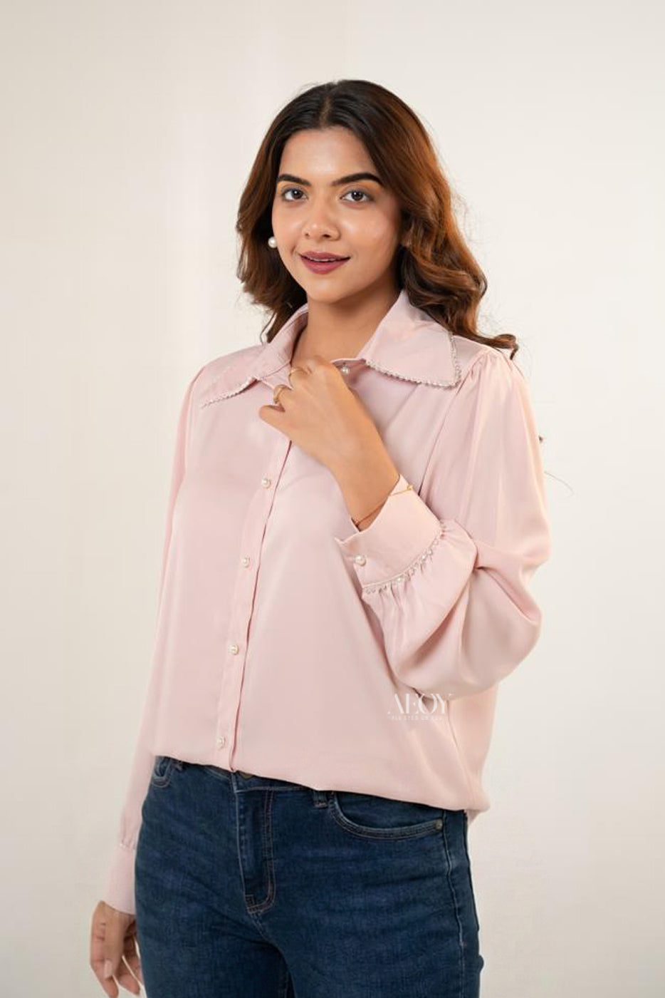 Blush Pink Pearl Detail -Shirt