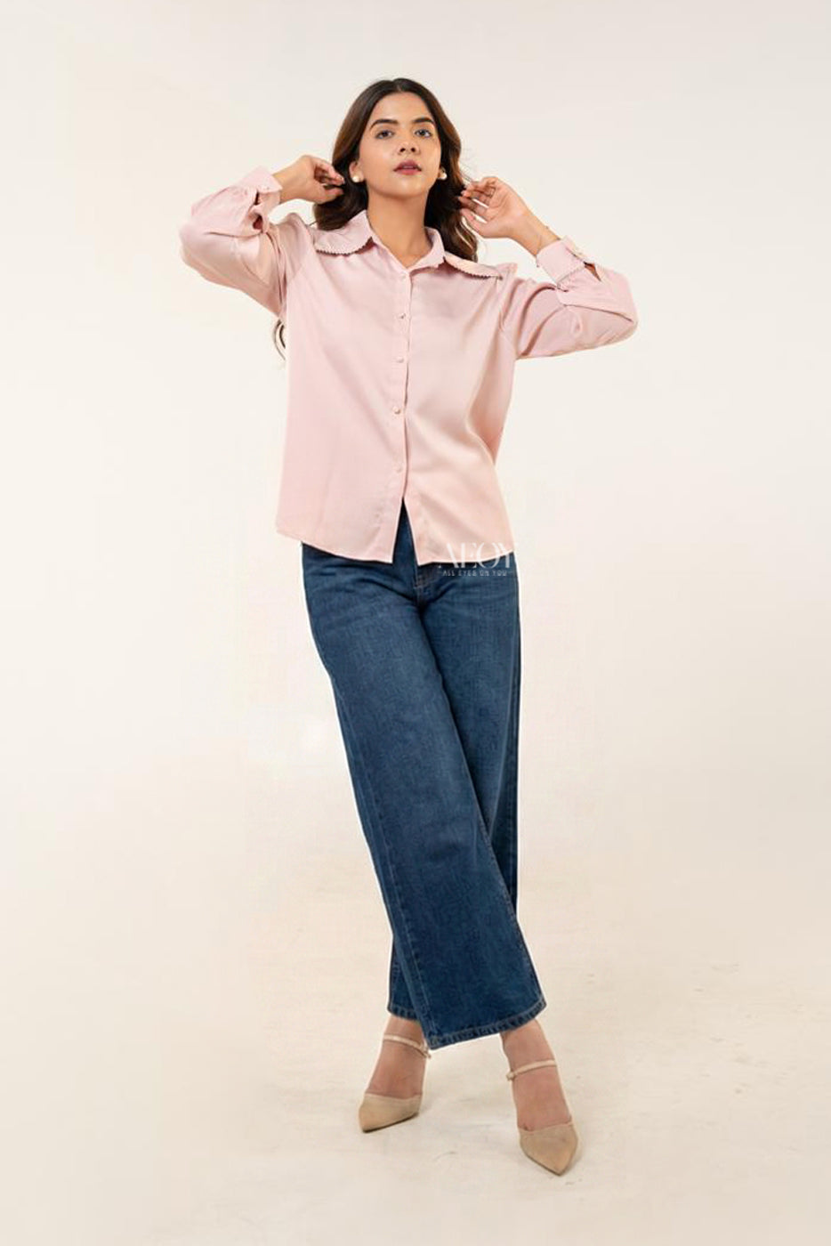 Blush pink pearl detail shirt women