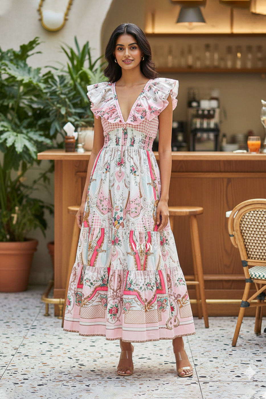 Pink Print Ruffle Maxi Dress