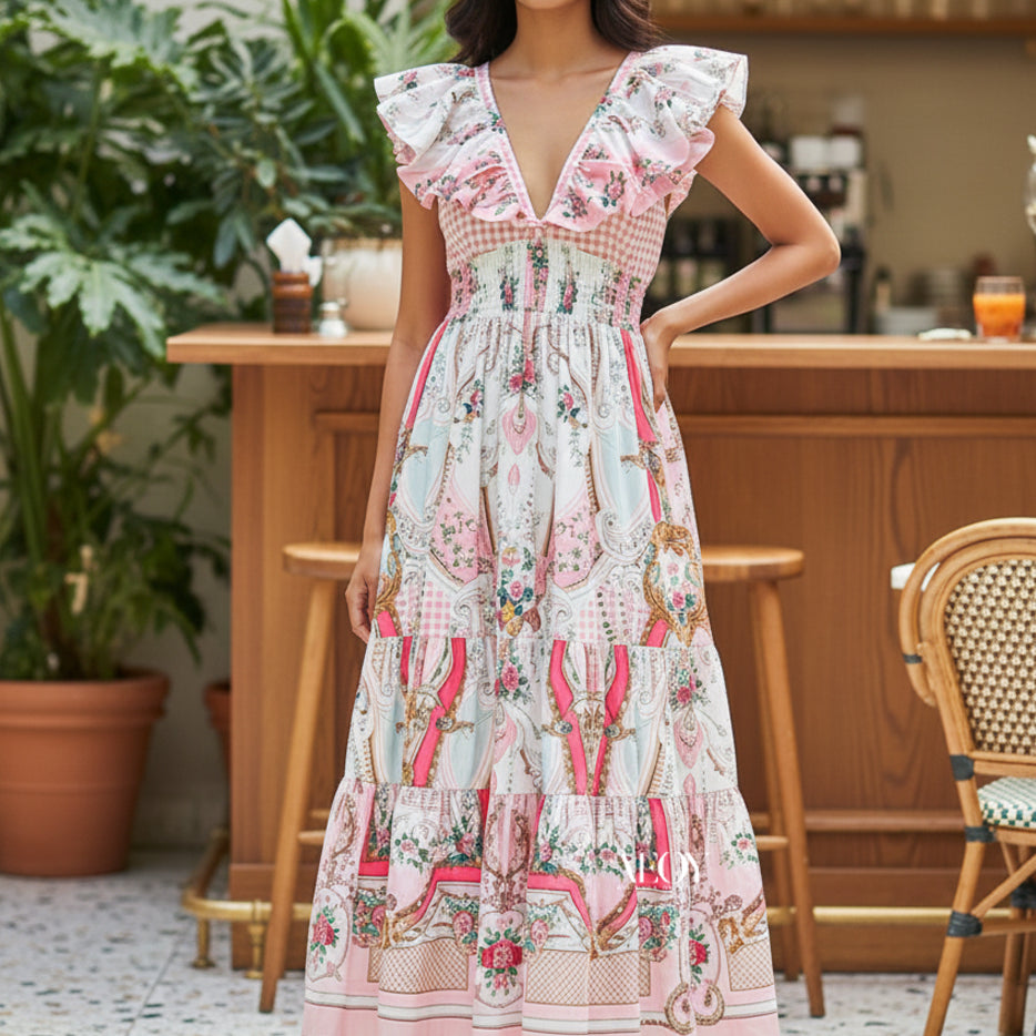 Pink Print Ruffle Maxi Dress