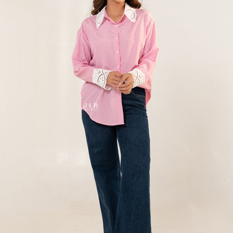 Pink Stripes Lace Collar -Shirt
