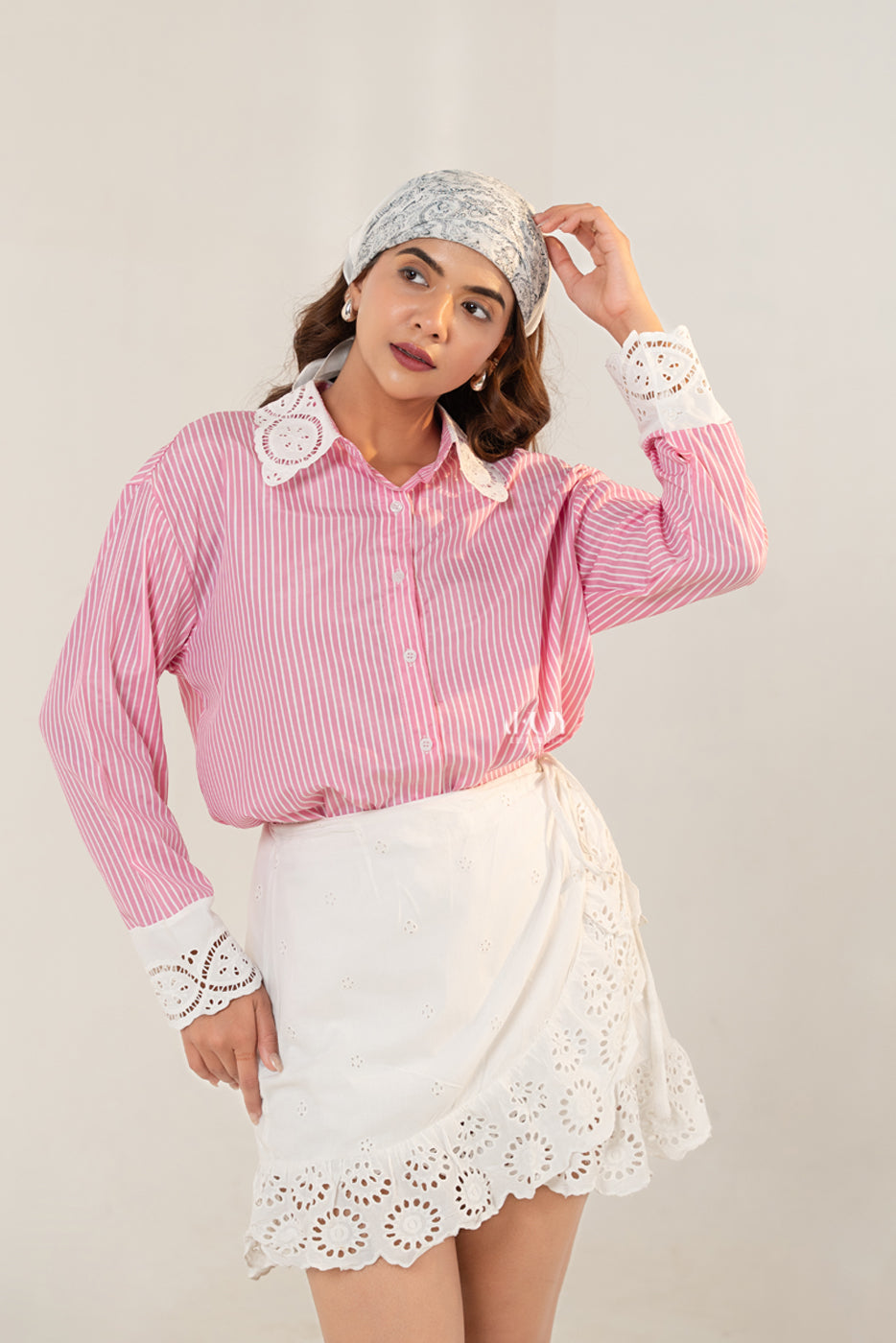 Pink Stripes Lace Collar -Shirt